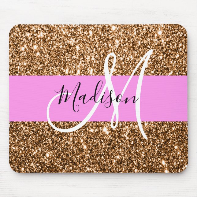 Glam Pink und Kupfer Glitzer Glitzern Monogram Nam Mousepad (Vorne)