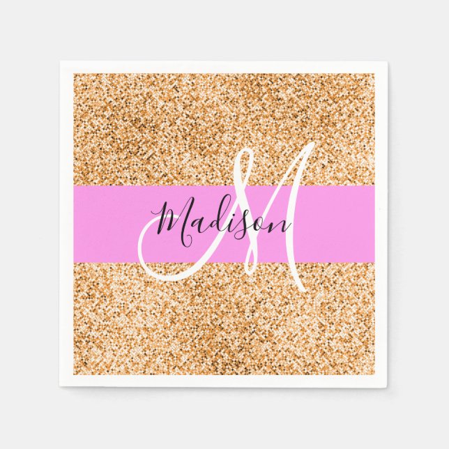 Glam Pink und Kupfer Glitzer Glitzern Monogram Nam Serviette (Vorderseite)