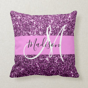 Glam Pink- und Lila-Glitter-Sparkles-Monogramm-Nam Kissen