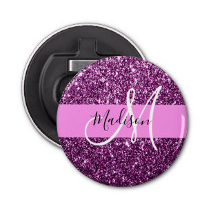 Glam Pink und Lila Glitzer Glitzern Monogramm Name Flaschenöffner