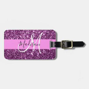 Glam Pink und Lila Glitzer Glitzern Monogramm Name Gepäckanhänger