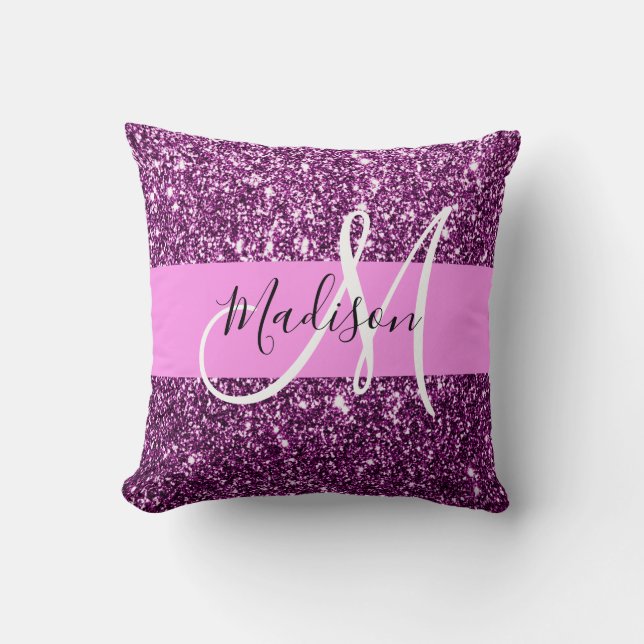 Glam Pink und Lila Glitzer Glitzern Monogramm Name Kissen (Vorderseite)