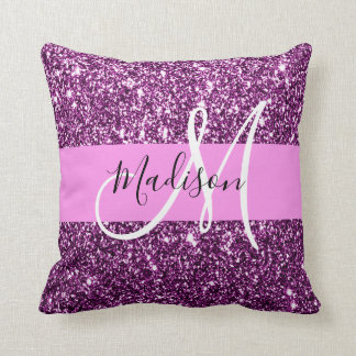 Glam Pink und Lila Glitzer Glitzern Monogramm Name Kissen