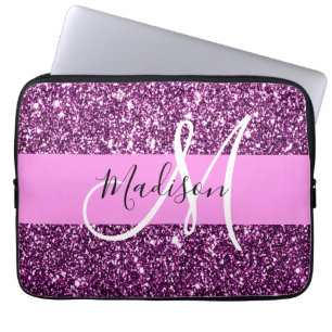 Glam Pink und Lila Glitzer Glitzern Monogramm Name Laptopschutzhülle
