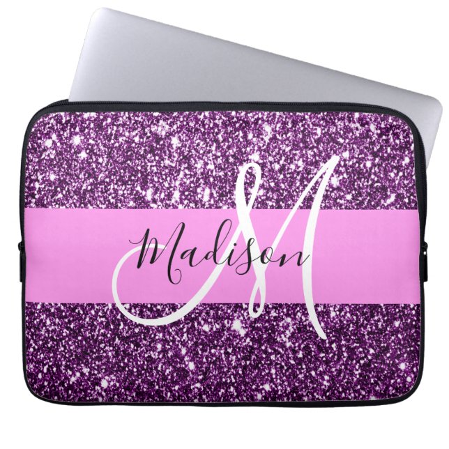 Glam Pink und Lila Glitzer Glitzern Monogramm Name Laptopschutzhülle (Vorderseite)