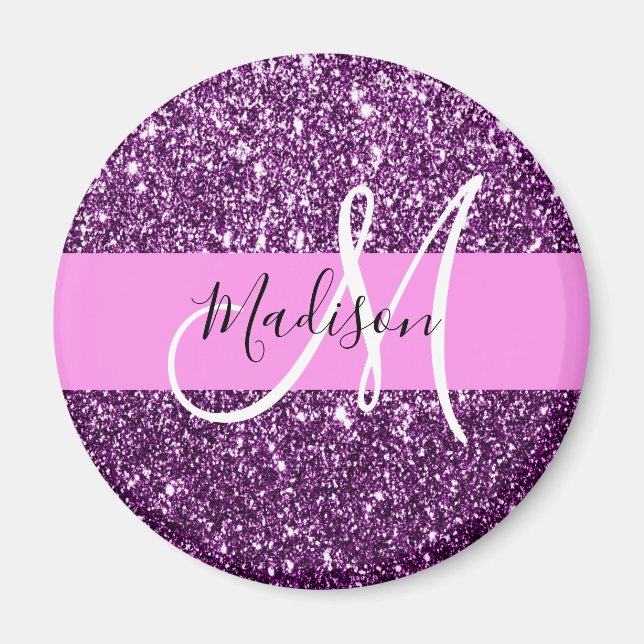 Glam Pink und Lila Glitzer Glitzern Monogramm Name Magnet (Vorne)