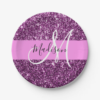 Glam Pink und Lila Glitzer Glitzern Monogramm Name Pappteller