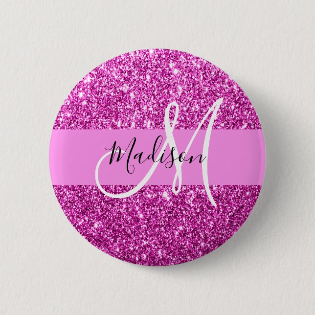Glam Pink- und Magenta-Glitter-Monogramm-Name Button (Vorderseite)