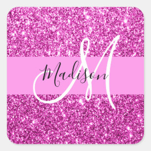 Glam Pink- und Magenta-Glitter-Monogramm-Name Quadratischer Aufkleber