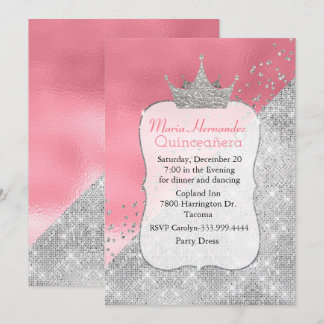Glam Pink und Silver Crown Quinceñera Einladung
