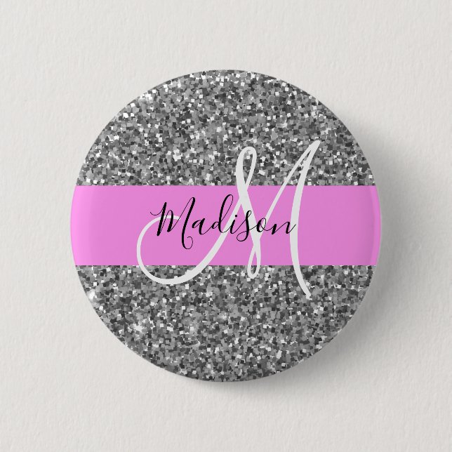 Glam Pink und Silver Glitzer Glitzern Monogram Nam Button (Vorderseite)