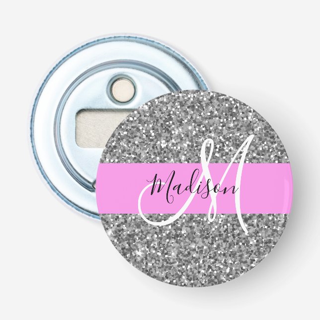 Glam Pink und Silver Glitzer Glitzern Monogram Nam Flaschenöffner (Vorderseite)