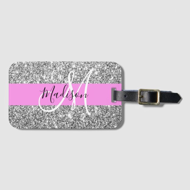 Glam Pink und Silver Glitzer Glitzern Monogram Nam Gepäckanhänger (Vorderseite (Horizontal))