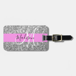Glam Pink und Silver Glitzer Glitzern Monogram Nam Gepäckanhänger