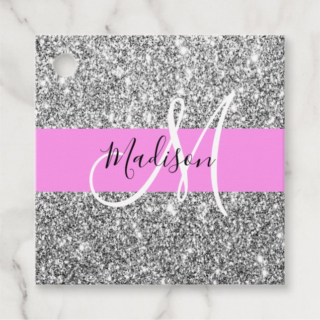 Glam Pink und Silver Glitzer Glitzern Monogram Nam Geschenkanhänger (Vorderseite)