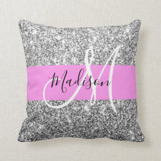 Glam Pink und Silver Glitzer Glitzern Monogram Nam Kissen