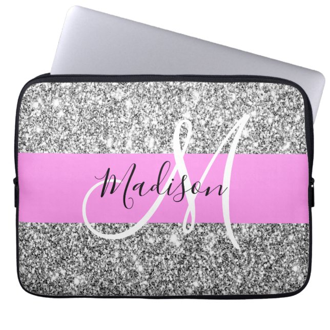 Glam Pink und Silver Glitzer Glitzern Monogram Nam Laptopschutzhülle (Vorderseite)