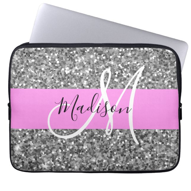 Glam Pink und Silver Glitzer Glitzern Monogram Nam Laptopschutzhülle (Vorderseite)