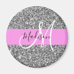 Glam Pink und Silver Glitzer Glitzern Monogram Nam Magnet