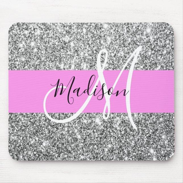 Glam Pink und Silver Glitzer Glitzern Monogram Nam Mousepad (Vorne)