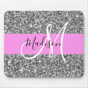 Glam Pink und Silver Glitzer Glitzern Monogram Nam Mousepad