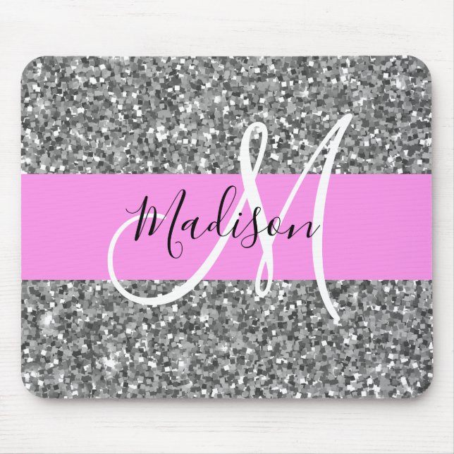 Glam Pink und Silver Glitzer Glitzern Monogram Nam Mousepad (Vorne)