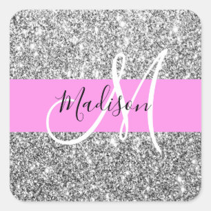 Glam Pink und Silver Glitzer Glitzern Monogram Nam Quadratischer Aufkleber