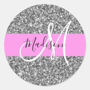 Glam Pink und Silver Glitzer Glitzern Monogram Nam Runder Aufkleber