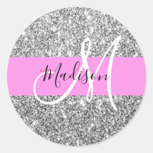 Glam Pink und Silver Glitzer Glitzern Monogram Nam Runder Aufkleber