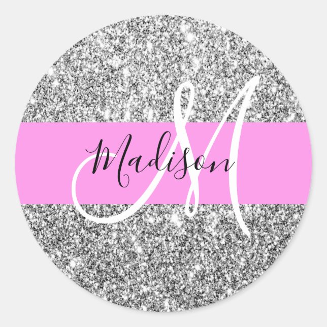 Glam Pink und Silver Glitzer Glitzern Monogram Nam Runder Aufkleber (Vorderseite)