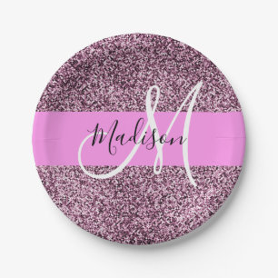 Glam Pink- und Violett-Glitter-Monogramm-Name Pappteller