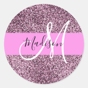 Glam Pink- und Violett-Glitter-Monogramm-Name Runder Aufkleber