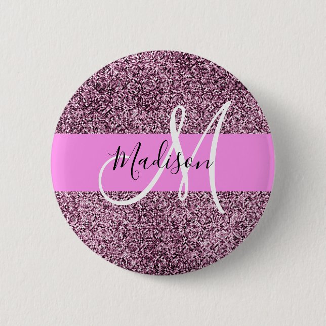 Glam Pink & Violet Glitzer Glitzern Monogram Name Button (Vorderseite)