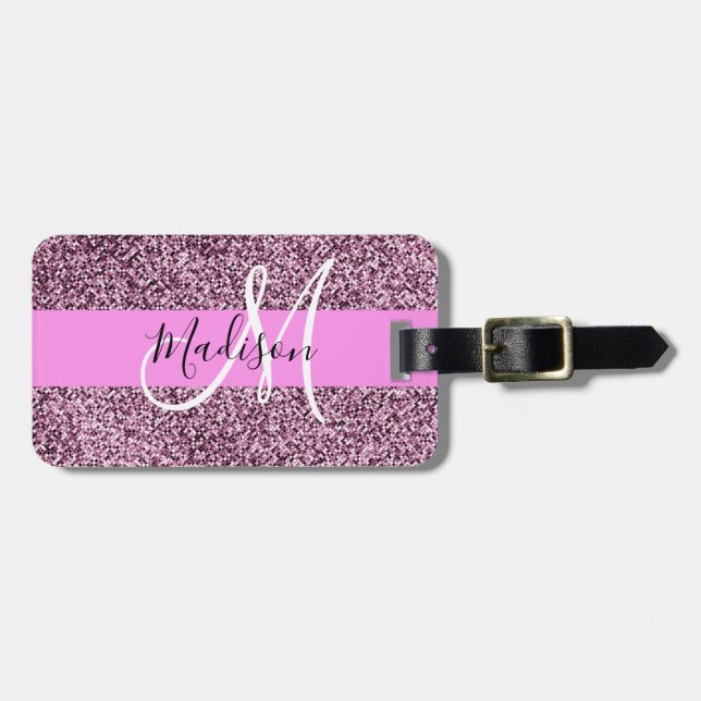 Glam Pink & Violet Glitzer Glitzern Monogram Name Gepäckanhänger (Vorderseite horizontal)