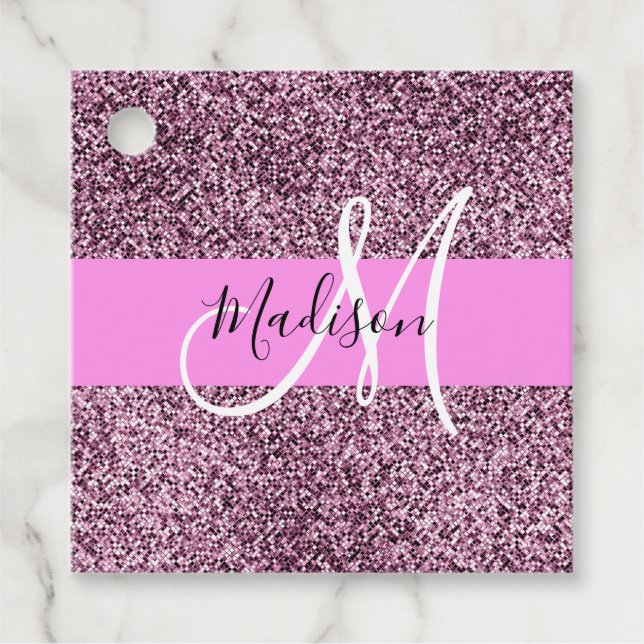 Glam Pink & Violet Glitzer Glitzern Monogram Name Geschenkanhänger (Vorderseite)