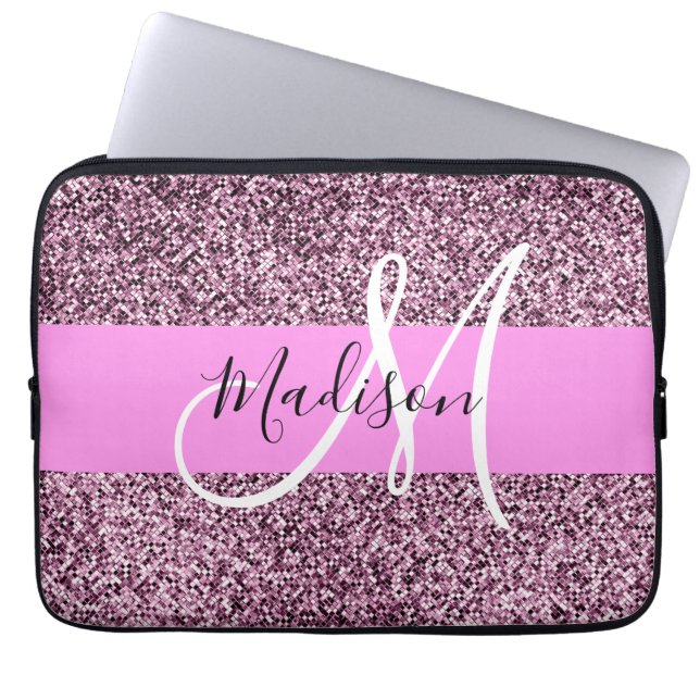 Glam Pink & Violet Glitzer Glitzern Monogram Name Laptopschutzhülle (Vorderseite)