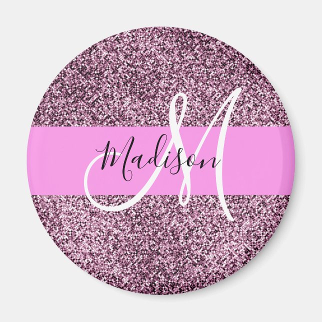 Glam Pink & Violet Glitzer Glitzern Monogram Name Magnet (Vorne)