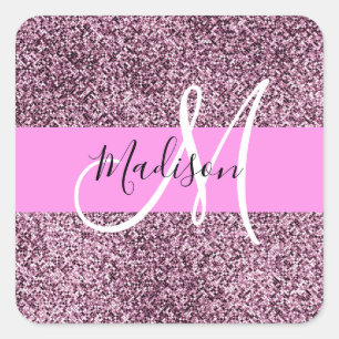 Glam Pink & Violet Glitzer Glitzern Monogram Name Quadratischer Aufkleber