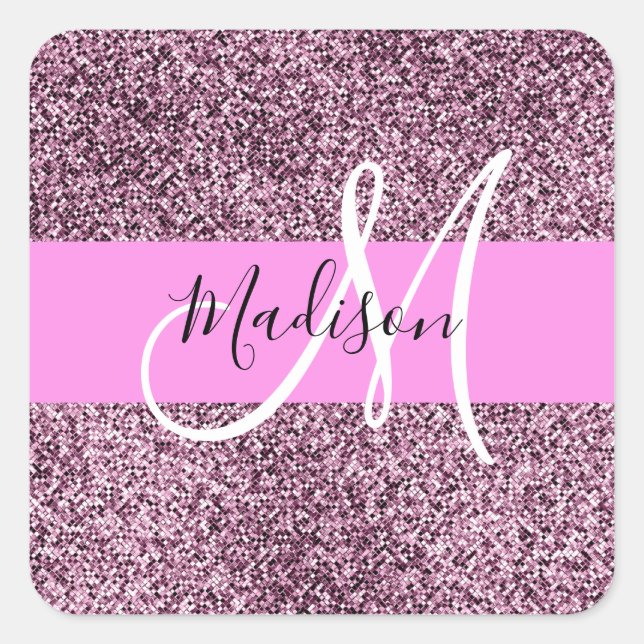 Glam Pink & Violet Glitzer Glitzern Monogram Name Quadratischer Aufkleber (Vorderseite)