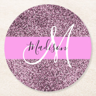 Glam Pink & Violet Glitzer Glitzern Monogram Name Runder Pappuntersetzer