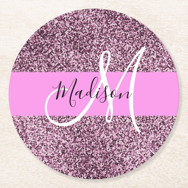 Glam Pink & Violet Glitzer Glitzern Monogram Name Runder Pappuntersetzer (Vorderseite)