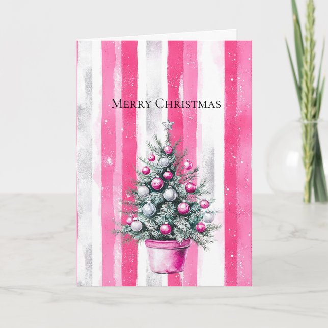 Glam Pink White Christmas Tree Stripes Karte (Vorderseite)