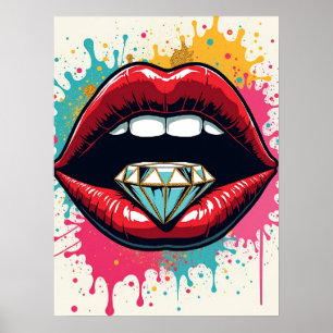 Glam Pop Art Rote Lippen und Diamant Poster