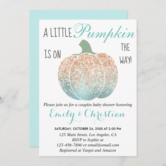Glam Pumpkin Aqua Peach Orange Glitzer Babydusche Einladung (Vorne/Hinten)
