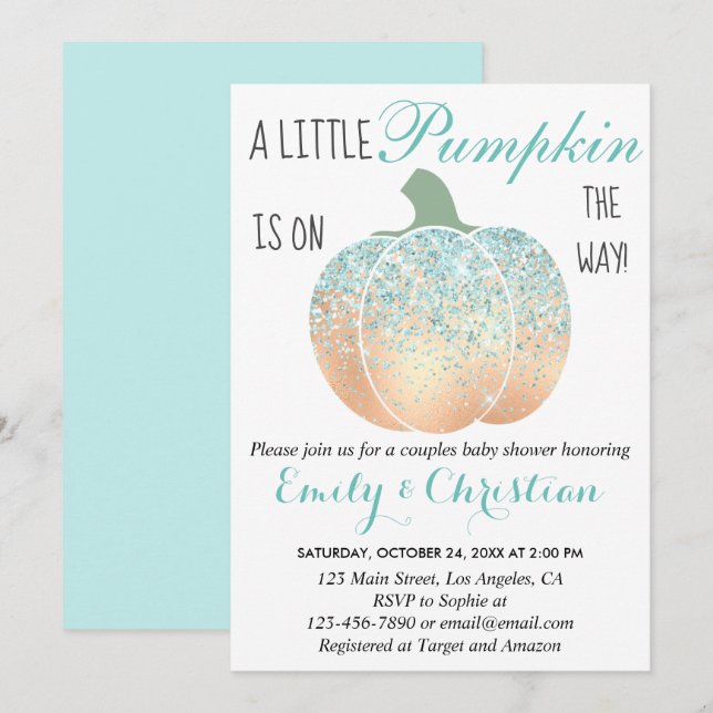 Glam Pumpkin Aqua Turquoise Glitzer Babydusche Einladung (Vorne/Hinten)