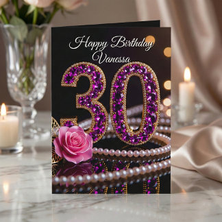 Glam Purple Amethyst Gems and Pearls 30th Birthday Karte