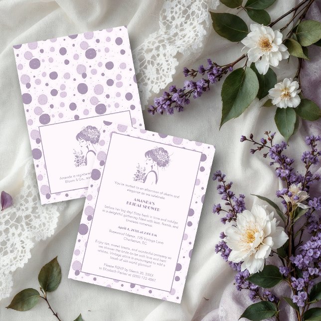 Glam Purple Shades Polka Dots Vintage Bride Einladung (Irregular Glam Purple Shades Polka Dots Vintage Bride Bridal Shower Invitations Cards.)