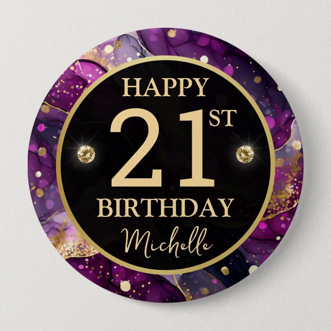 Glam Purpur Gold Achat Geburtstag Button (Vorderseite)