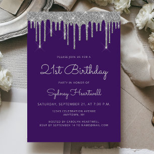 Glam Purpur Silber Glitter-Tropf 21. Geburtstag Einladung
