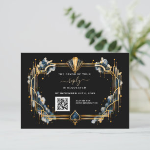 Glam QR Code Casino Gold Schwarz Art Deco Hochzeit RSVP Karte